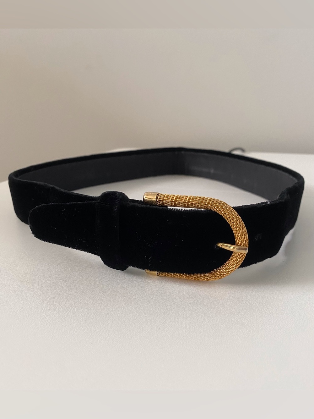 VTG Talbots Black Velvet Belt with Gold Mesh Buckle